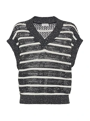 Dazzling Striped Net Knit T-Shirt Linen