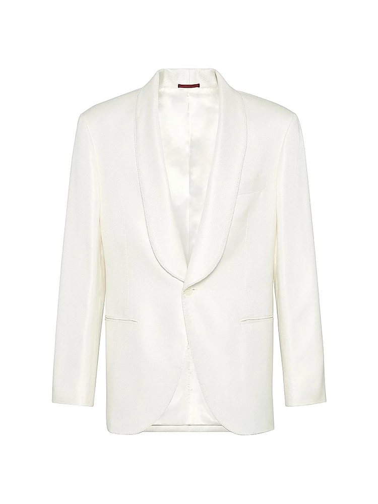 Silk Diagonal Tuxedo Jacket with Shawl Lapels and Piping
