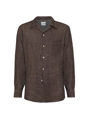 Linen Easy Fit Shirt with Camp Collar and Chest Pocket