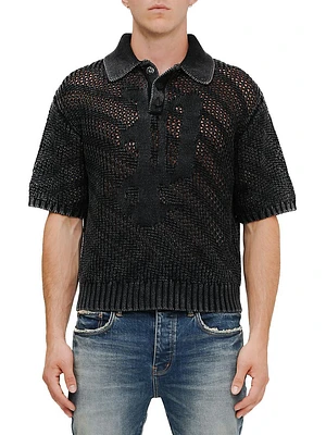 Acid Wash Cotton Open-Knit Polo Shirt