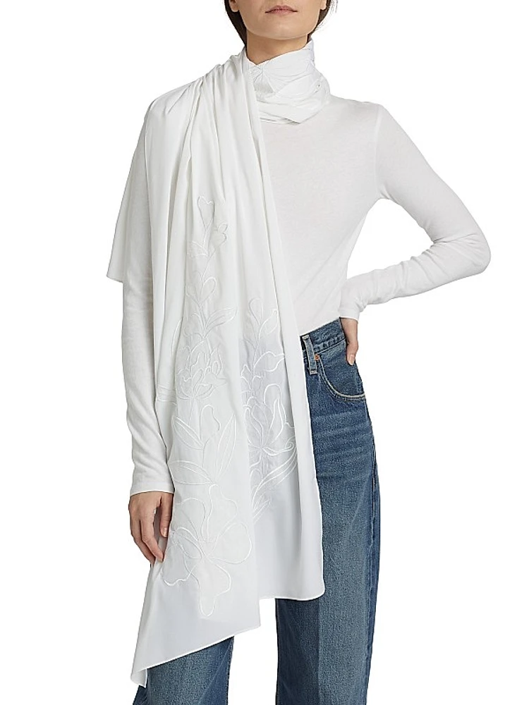 Embroidered Silk Chiffon Shawl Neck Top