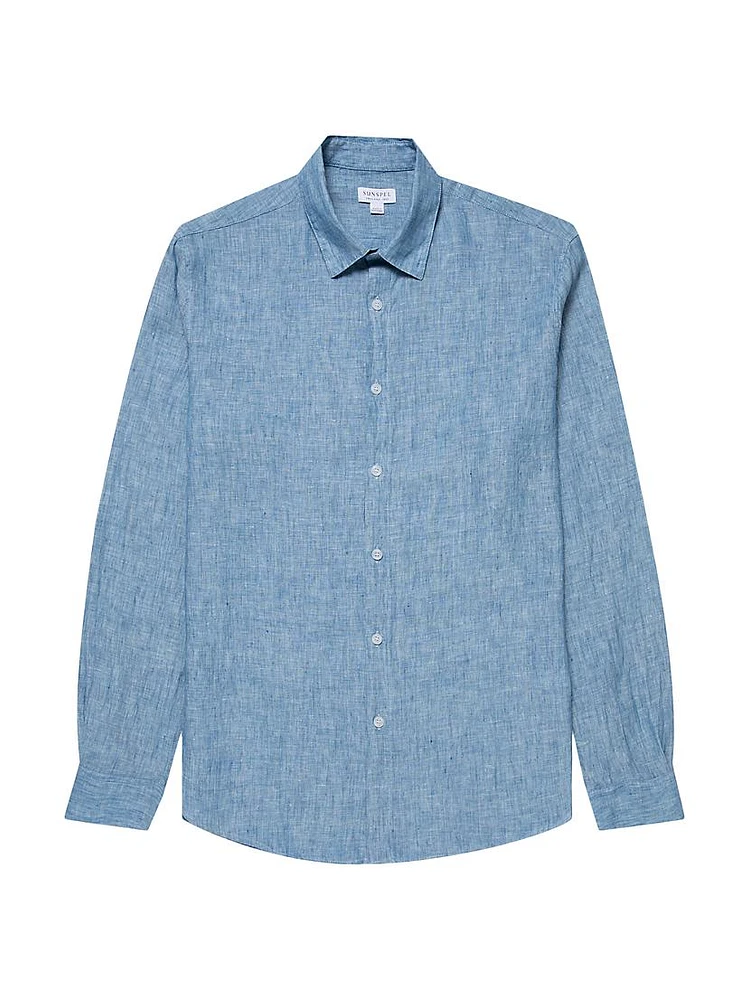 Chambray Linen Long Sleeve Button-Front Shirt