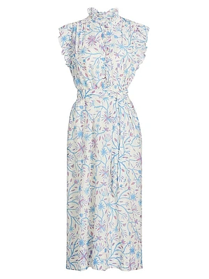 April Floral Cotton & Silk Tie-Waist Midi-Dress