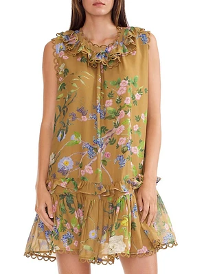 Floral Silk Ruffled Shift Minidress
