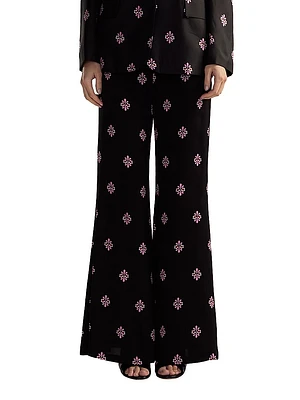 Floral Twill High-Waist Flared Pants