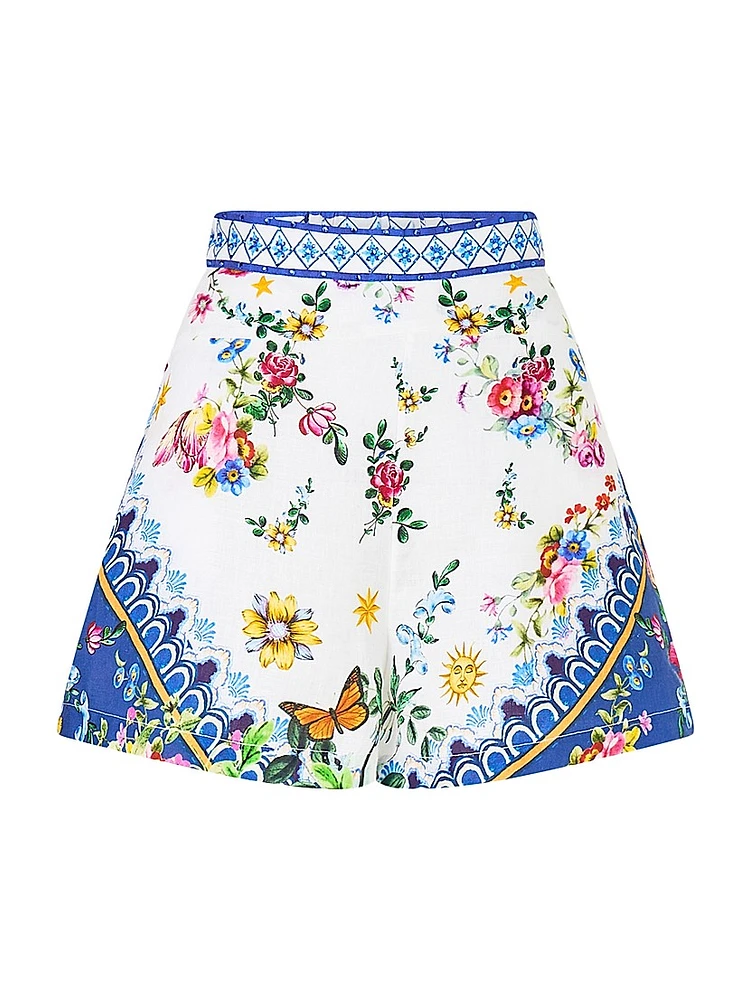 Tiles Darls Wide Waistband Floral Linen Shorts