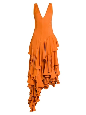 Ruffled Asymmetric Midi-Dress
