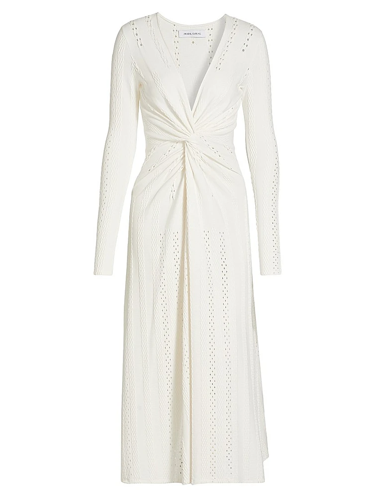 Eyelet Twist-Front Midi-Dress