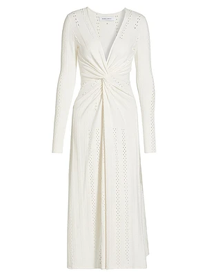 Eyelet Twist-Front Midi-Dress