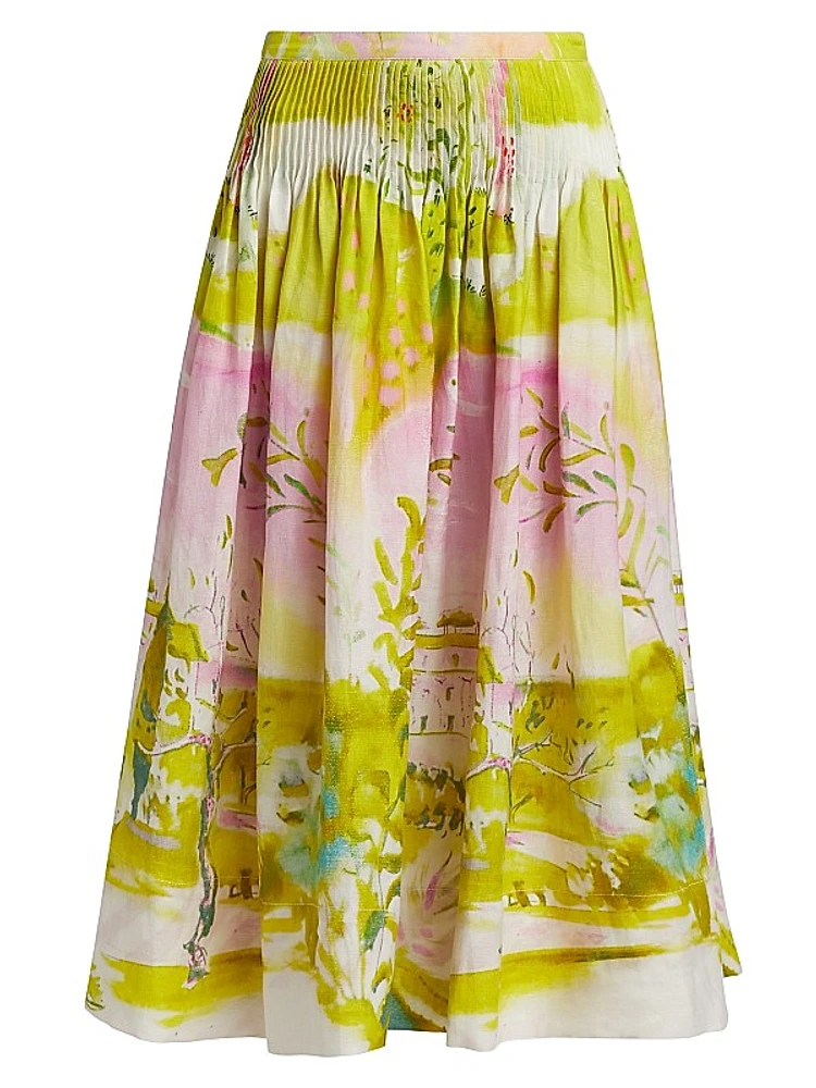 Fallon Abstract Linen-Blend Midi-Skirt