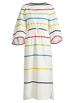 Ribbon Striped Cotton Boatneck Midi-Dress