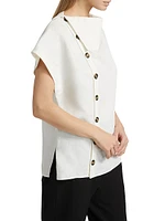 Zion Linen-Blend Foldover Collar Button-Front Top