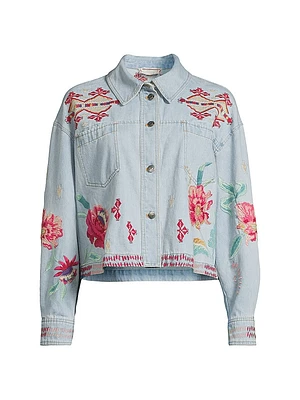 Talulla Floral-Embroidered Denim Crop Jacket