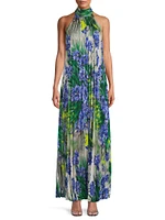 Naomi Floral Pleated Halter Gown