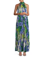Naomi Floral Pleated Halter Gown