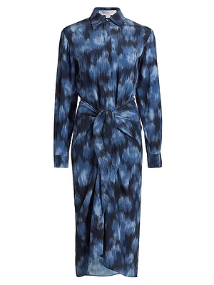 Abstract Floral Silk Sarong Tie Midi-Shirtdress