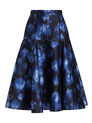 Abstract Floral Silk-Wool Drop-Waist Midi-Skirt