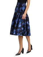 Abstract Floral Silk-Wool Drop-Waist Midi-Skirt