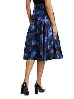 Abstract Floral Silk-Wool Drop-Waist Midi-Skirt