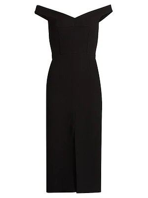 Stretch Bouclé Crepe Off-Shoulder Midi-Dress