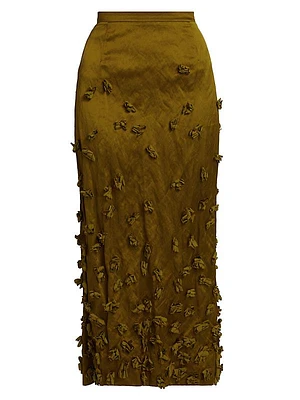 Floral-Appliquéd Crushed Duchesse Satin Midi-Skirt