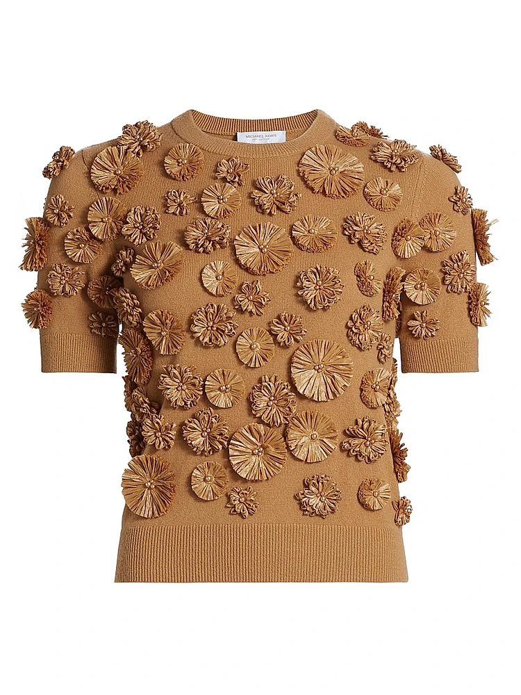 Floral-Embroidered Cashmere Short-Sleeve Sweater