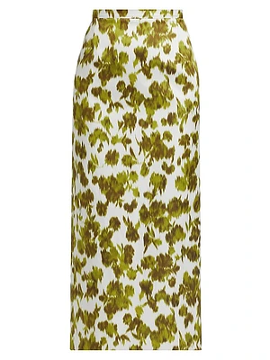 Abstract Floral Satin Pencil Midi-Skirt
