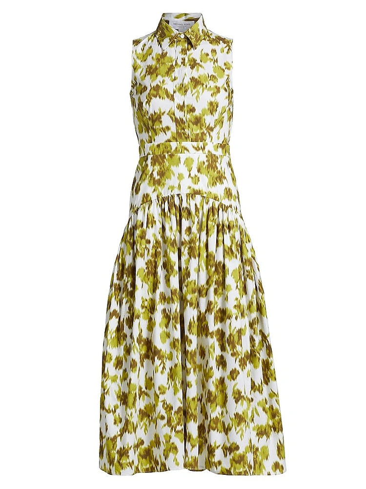 Abstract Floral Cotton Drop-Waist Midi-Shirtdress