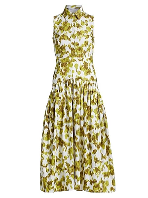 Abstract Floral Cotton Drop-Waist Midi-Shirtdress