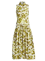 Abstract Floral Cotton Drop-Waist Midi-Shirtdress