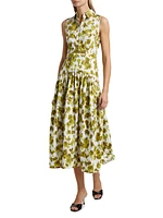 Abstract Floral Cotton Drop-Waist Midi-Shirtdress
