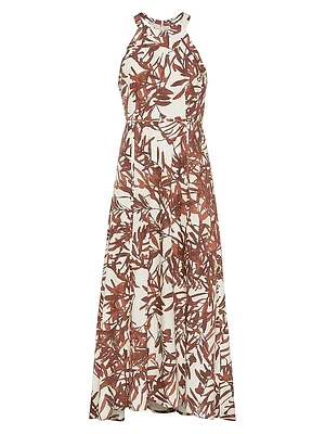 Cotton Herbarium Print Poplin Halterneck Dress with Monili