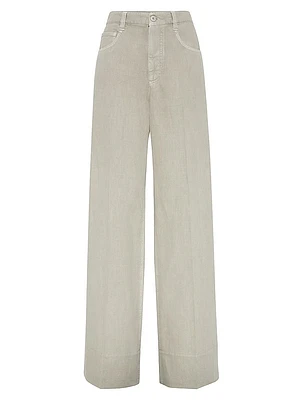 Garment Dyed Cotton and Linen Cover Loose Trousers with Monili
