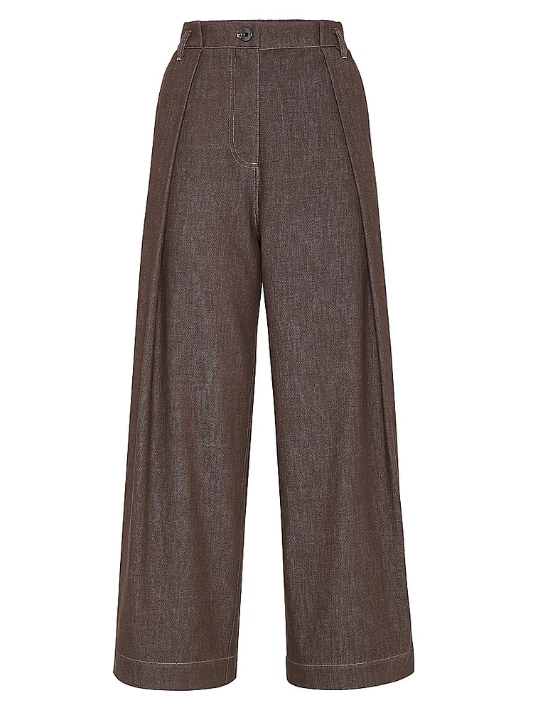 Denim Effect Twill Pleated A Line Trousers with Shiny Loop