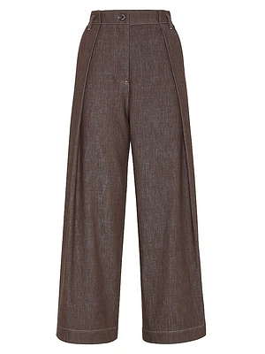 Denim Effect Twill Pleated A Line Trousers with Shiny Loop