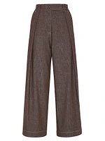 Denim Effect Twill Pleated A Line Trousers with Shiny Loop