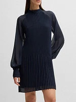 High-Neck Dress with Plissé Pleats and Sheer Sleeves