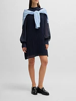 High-Neck Dress with Plissé Pleats and Sheer Sleeves