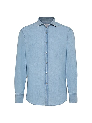 Denim Effect Chambray Slim Fit Shirt with Spread Collar
