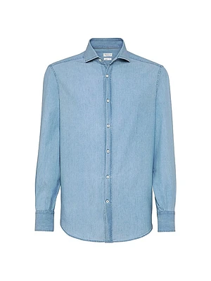Denim Effect Chambray Shirt with Spread Collar
