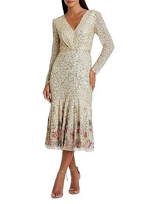 Cocktail Sequined Faux-Wrap Midi-Dress