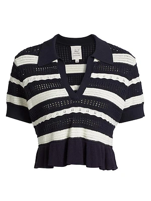 Elvire Striped Knit Short-Sleeve Polo Sweater
