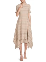 Striped Pointelle Fringed Midi-Dress