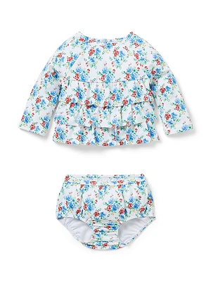 Baby Girl's Floral Ruffle Rashguard Top, Bottoms & Swim Hat Set