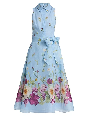 Floral Silk-Linen Fit & Flare Midi-Dress