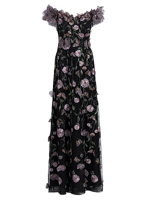 Floral Appliqué Off-the-Shoulder Gown