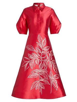 Botanical Jacquard Puff Sleeve Cocktail Dress