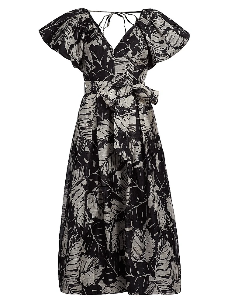 Leaf Print Silk-Linen Cocktail Dress