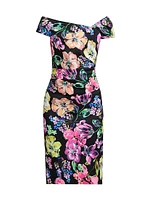 Asymmetric Floral Ruched Cocktail Dress