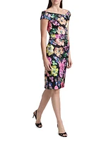 Asymmetric Floral Ruched Cocktail Dress